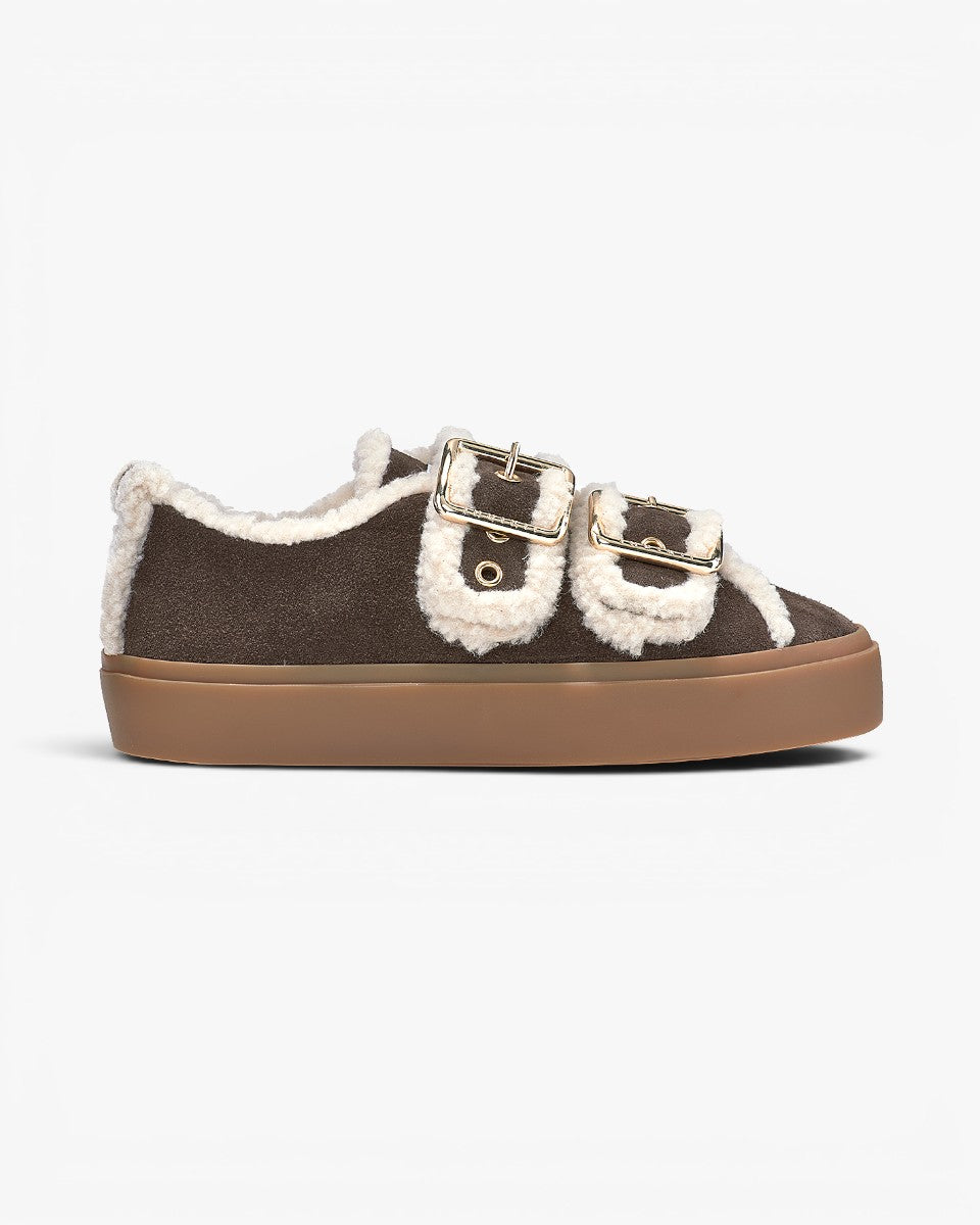 Inuikii Sneakersy Shearling Low Velcro Buckle Dark Brown