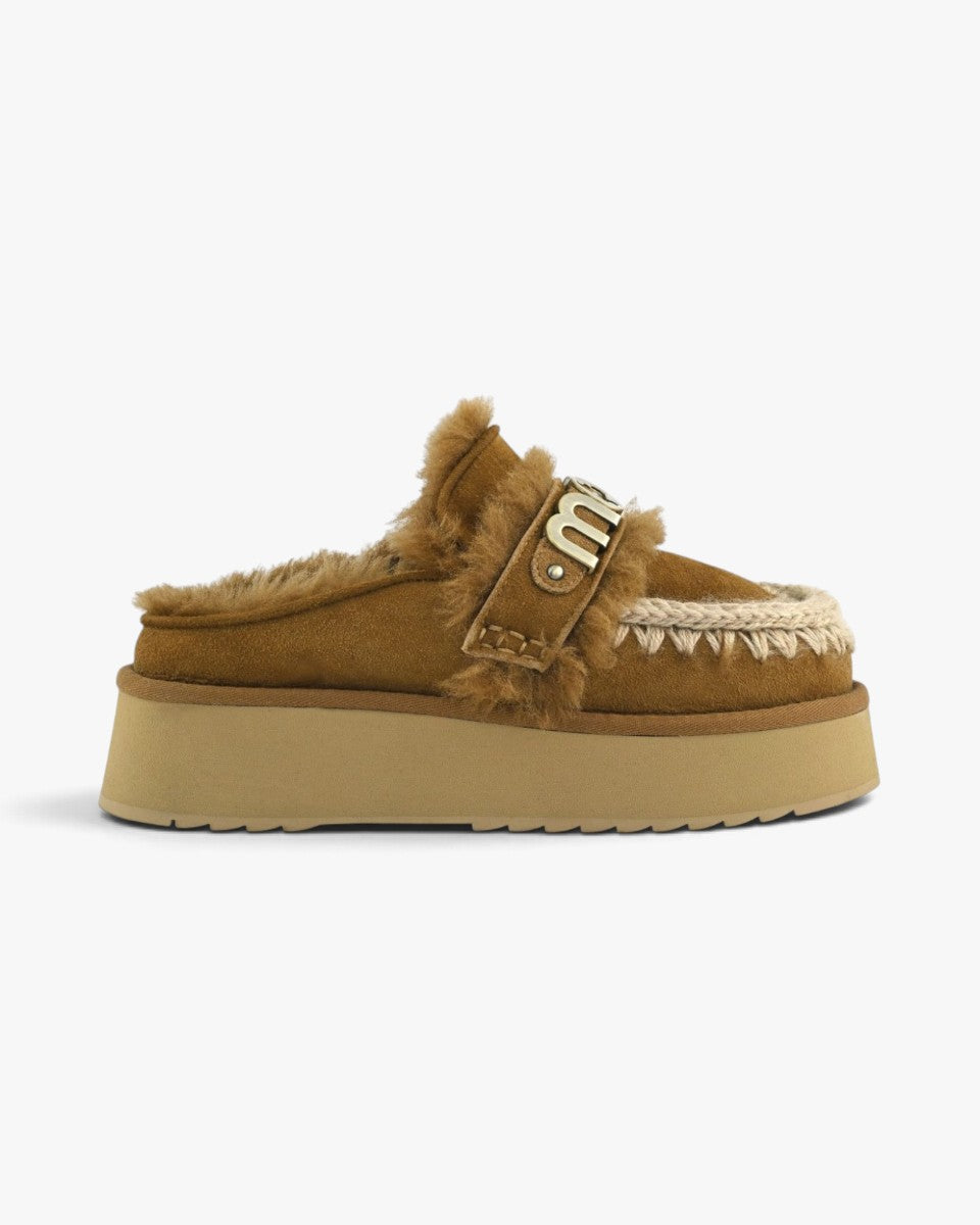 Mou Mule Platform Clog Letter Logo Cognac