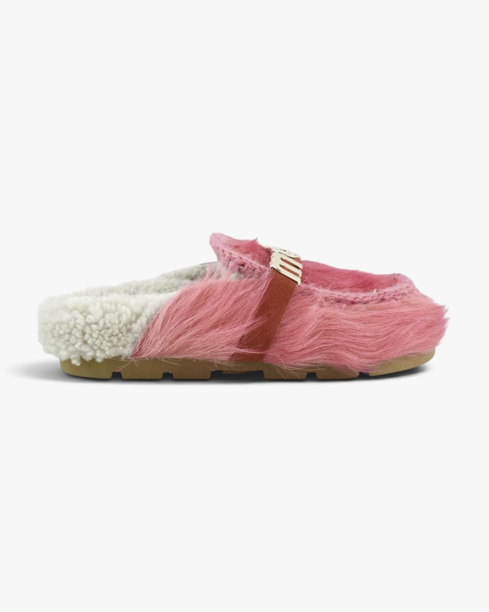 Mou Mule Winter Bio Slide Long Hair Ponyskin Letter Logo Fuxia