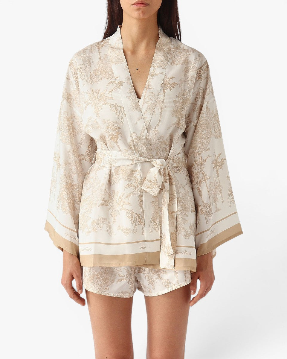 MC2 SAINT BARTH Kimono Carly Silk Habotai Foulard Jungle Oceania Beige