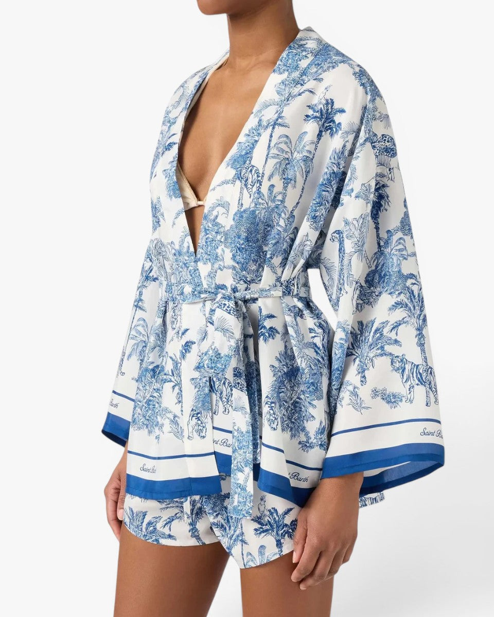 MC2 SAINT BARTH Kimono Carly Silk Habotai Foulard Jungle Oceania Blue